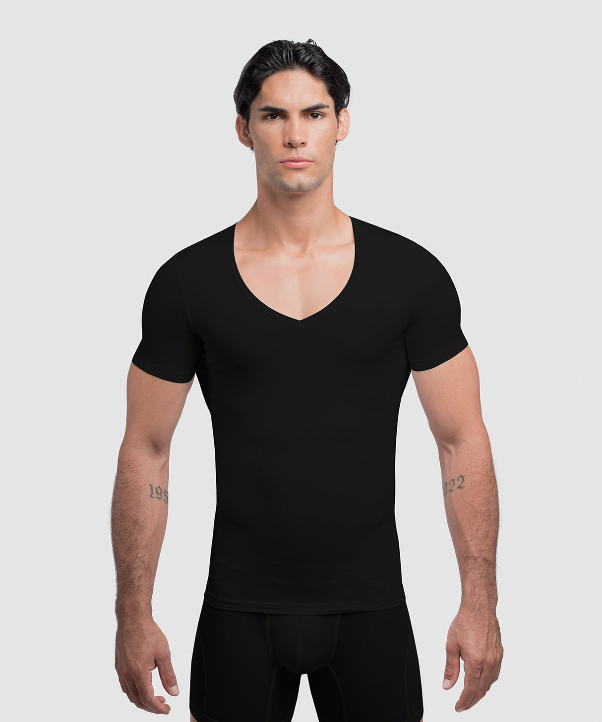 Cotton Compression Deep V-Neck T-Shirt Black