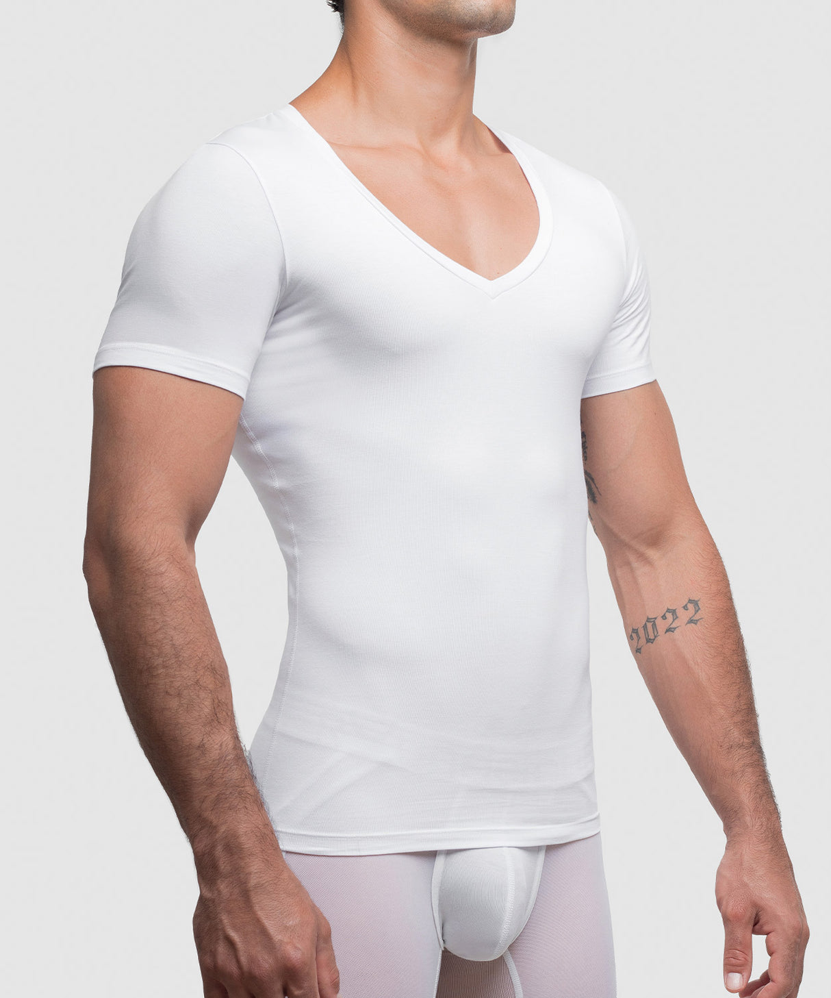 Cotton Compression Deep V-Neck T-Shirt White